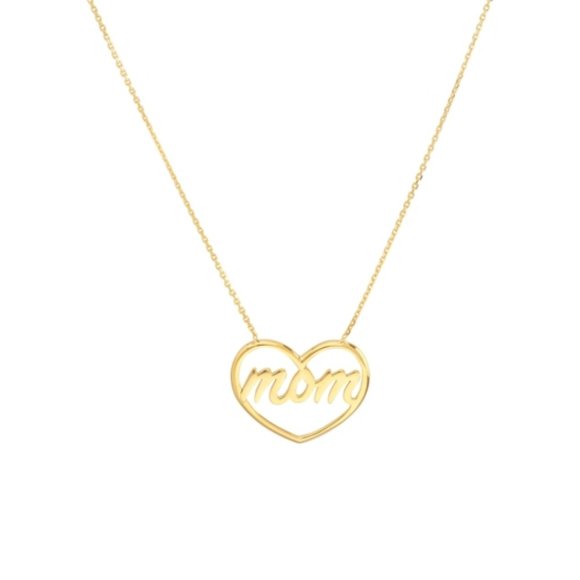 14K Solid Gold Open Heart Script Mom Pendant Necklace